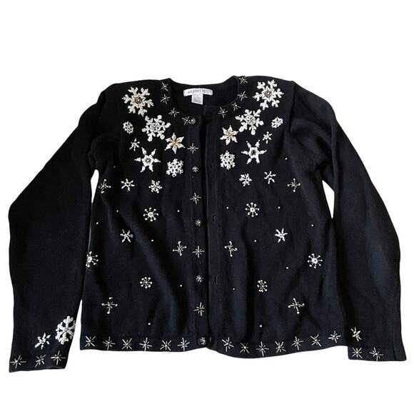 Vintage 1990s Arriviste Snowflake Cardigan Sweater Beaded Embroidered Black S - Picture 1 of 12